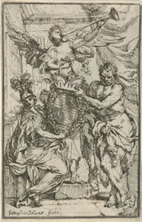 Minerva, Hercules og Fame med våpenskjold