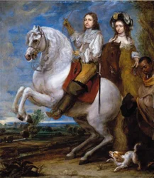Rytterportrett av et elegant par med deres mauriske tjener