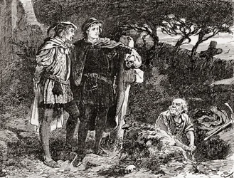 En scene fra William Shakespeares skuespill Hamlet, akt V, scene 1: Hamlet: «Jeg kjenner ham, Horatio, en kar med uendelig vidd og fremragende fantasi», fra William Shakespeares verker, utgitt 1896