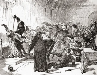 En scene fra William Shakespeares spiller Hamlet, Act V, Scene 2, Hamlet: The point envenomd too! Så, gift, til arbeidet ditt. (Stabs the king), fra The Works of William Shakespeare, utgitt 1896 (gravert