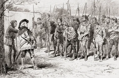 En scene fra William Shakespeares skuespill Kong Henry IV, del 1, akt IV, scene 2, Falstaffs fillete regiment, fra The Works of William Shakespeare, utgitt 1896