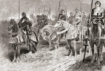 En scene fra William Shakespeares skuespill King Henry V, Act IV, Scene 2, Lord Grandpré: Rytterne sitter som faste lysestaker med fakkelstaver i hånden, fra The Works of William Shakespeare, pu