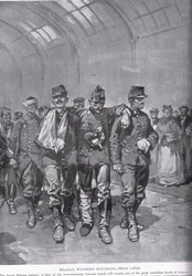 Belgiske sårede vender tilbake fra Liège, fra «Hutchisons fortelling om den britiske nasjonen», ca. 1920