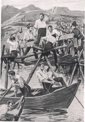 The Construction of the Bridge over Guadiana, 3. april 1811, illustrasjon fra 