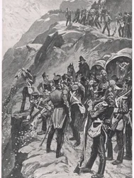 The Retreat to Corunna: Hurling the Silver down the Mountainside, illustrasjon fra 'British Battles on Land and Sea', utgitt av Cassell, London, ca. 1910