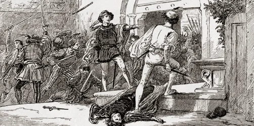 Tybalt drept av Romeo, scene fra William Shakespeares "Romeo og Julie", akt III, scene 1, fra "William Shakespeares verk", utgitt 1896