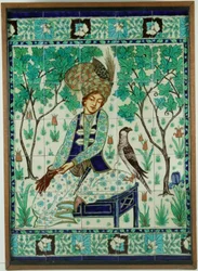 Persisk falkonerflisepanel, Pilkington's Tiles Group Plc, ca. 1910 (slipbelagt keramikk)