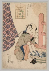Sittende kvinne som vasker klær i et trekar, 1786-1864.