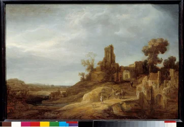 Landskap ved broen og ruinene Maleri av Govaert Flink (1615/1616-1660) 1637 Søn. 0,49x0,75 moh