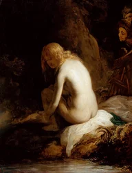 "Susanna and the Elders" (Susanna and the Elders) Maleri av Govaert (Govert) Flinck (1615-1660) Olje på tre Dim 49,6x37,8 cm Staatliche Museen, Berlin