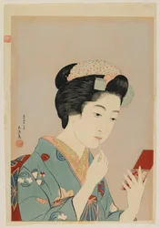 Woman Applying Lip Rouge, Taisho-tiden, februar 1920 (farget treblokktrykk)