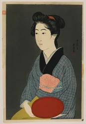 Woman Holding a Tray, Taisho-æra, januar 1920 (farget treblokktrykk)