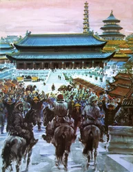 Marco Polo, med faren og onkelen sin, nærmer seg palasset til den store Khanen, 1900-tallet (lito)