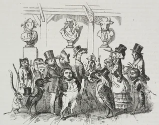 Utgang fra teater, karikatur av Jean-Jacques Grandville (1803-1847), litografi av Giovanni Mariani fra Poliorama Pittoresco, n 39, 7. mai