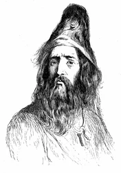 Portrett av Robinson Crusoe etter 11 år på sin øde øy - illustrasjon av Grandville til romanen av Daniel De Foe (Defoe) - utgave Garnier 1869 s. 138.