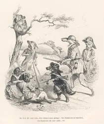 Dyr i jegere. Miniatyrbilder illustrert av JJ Granville. Gravering signert Andrew, Best og Leloir i delen med tittelen "Memories of an old crow" skrevet av PJ Stahl i "Scener fra dyrenes private og offentlige liv". Paris, J. Hetzel og Pa