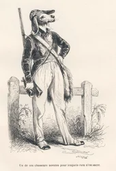 Hund i jaktklær. Miniatyrbilder illustrert av JJ Granville. Gravering signert Caque i delen med tittelen "Memories of an old crow" skrevet av PJ Stahl i "Scener fra dyrenes private og offentlige liv". Paris, J. Hetzel og Paulin