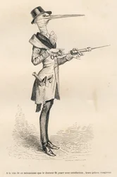 Stork som lege som håndterer et klyster. Miniatyrbilder illustrert av JJ Granville. Gravering signert Andrew, Best og Leloir i delen med tittelen "Court pains of an English cat" skrevet av Honore de Balzac i "Scenes de la vie privee et publique des