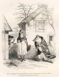 Samtale mellom en hund, en høne og en rev. Vignetter illustrert av JJ Granville. Gravering signert Godard i delen med tittelen "En rev fanget i en felle" skrevet av Charles Nodier i "Scener av dyrenes private og offentlige liv". Paris, J.H