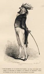 Hane vant til den stolte kjøpmannskampbarrieren. Miniatyrbilder illustrert av JJ Granville. Gravering signert Caque i delen "Story of a Hare" skrevet av PJ Stahl i "Scener fra dyrenes private og offentlige liv". Paris, J. Hetzel og Paulin