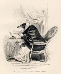 Ravn skriver. Vignetter illustrert av JJ Granville. Gravering signert Andrew, Best og Leloir i delen med tittelen "Memories of an old crow" skrevet av PJ Stahl i "Scener fra dyrenes private og offentlige liv". Paris, J. Hetzel og Paulin