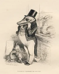 Crododile kler seg som en dandy med stor mage. Miniatyrbilder illustrert av JJ Granville. Gravering signert Breviere i delen med tittelen "Memories of a crocodile" skrevet av Emile de La Bedolliere i "Scener fra dyrenes private og offentlige liv". Paris,