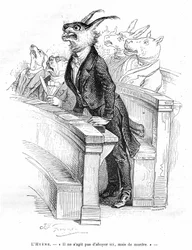 Grandville-gravering, hentet fra boken Privat og offentlig liv hos dyr (Les animaux ints par them memes), utgave Hetzel 1867 - Karikatur av en menneskelig politisk forsamling - I travéene okkupert av forskjellige dyr (hunder, esel, flodhest...), en hyene