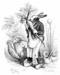 Gravyr av Grandville, fra boken «Dyrenes private og offentlige liv (Les animaux peints par eux-mêmes)», Hetzel-utgave 1867. Kaningartner med hover som knasker en gulrot i kjøkkenhagen sin eller dyrker grønnsaker (løk og kål).