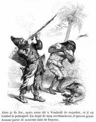 Illustrasjon av romanen Robinson Crusoe av Daniel de Foe (DeFoe) av Grandville - utgave Garnier 1869 s. 193. Robinson skyter med en rifle foran en iskald fredag.