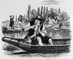 La Fontaines fabel (av Jean de La Fontaine): Den lille fisken og fiskeren, gravering av JJ Grandville, ca. 1838–40