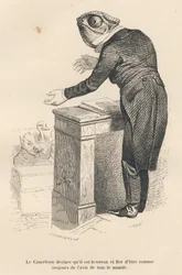Kameleonen erklærer at han er glad og stolt over å være etter alles mening som alltid. Miniatyrbilder illustrert av JJ Granville. Gravering signert Caque i prologen med tittelen "Parlamentary Summary" skrevet av PJ Stahl i "Scenes de la vie privee et