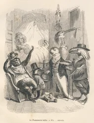 Dovendyret gjespet mens han ventet. Vignetter illustrert av JJ Granville. Gravering signert Godard i delen med tittelen "Les Animaux medecins" skrevet av Pierre Bernard i "Scener av dyrs private og offentlige liv". Paris, J. Hetzel og Paulin