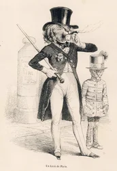 Løve av Paris. Miniatyrbilder illustrert av JJ Granville. Gravering signert Andrew, Best og Leloir i delen med tittelen "Journey of an African lion to Paris" skrevet av Honore de Balzac i "Scener fra dyrenes private og offentlige liv". Paris, J. Hetzel og