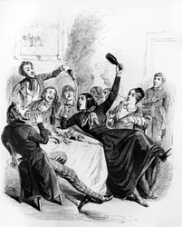 Lunsj med gutter av de to kjønnene: menn og kvinner som drikker alkohol og røyker, tegning av Jean Ignace Isidore alias JJ Grandville