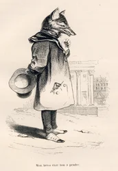 Helten min var god å ta. Vignetter illustrert av JJ Granville. Gravering signert Godard i delen med tittelen "En rev fanget i en felle" skrevet av Charles Nodier i "Scener av dyrenes private og offentlige liv". Paris, J. Hetzel og Paulin