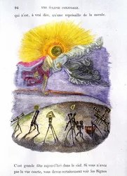 Personifiserte astronomiske instrumenter som observerer en formørkelse (måne og sol kysser) - i "" Other World"" av Grandville