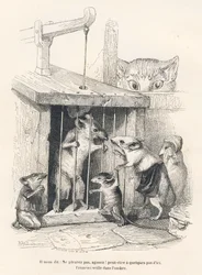 Felle: Katt som ser etter mus som har kommet for å sørge over den som er tatt til fange. Miniatyrbilder illustrert av JJ Granville. Gravering signert Andrew, Best og Leloir i delen med tittelen "The philosopher rat" skrevet av Edouard Lemoine i "Scener av 
