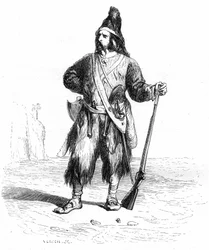 Portrett av Robinson Crusoe på sin øde øy med geværet og diverse våpen i beltet - Grandville-illustrasjon av Daniel Defoes roman (De Foe) - Garnier-utgaven 1869 s. 155.