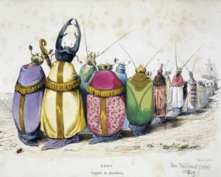 Prosesjon av biller iført geistlige klær - Antiklerisk tegneserie av Granville fra "The Metamorphoses of the Day" 1829