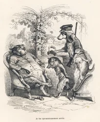 Fox stoppet av en hund. Miniatyrbilder illustrert av JJ Granville. Gravering signert Godard i delen med tittelen "En rev fanget" skrevet av Charles Nodier i "Scener fra dyrenes private og offentlige liv". Paris, J. Hetzel og Paulin