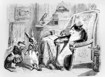 Katten, veselen og den lille kaninen, illustrasjon til La Fontaines Fabler (1621-95), utgitt av H. Fournier Aîné, 1838