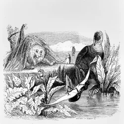 Duen og mauren og løven og rotten, illustrasjon til La Fontaines «Fabler», utgitt av H. Fournier Aîné, 1838