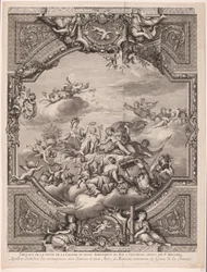 Apollo deler ut belønninger og Minerva kroner Frankrikes geniale Apollon distirbuë des recompenses aux Sciences et aux Arts, et Minerve couronne le Genie de la France (tittel på objekt) Takmalerier i slottet i Versailles (serietittel)