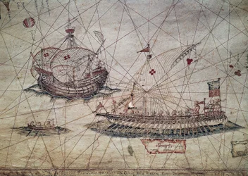Galei og portugisisk karavell, detalj fra sjøkartet over Middelhavet