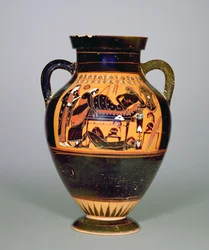 Amfora som skildrer Priam og Akillies, ca. 550 f.Kr. (keramikk) (se også 293741-42 og 307550)