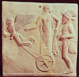 Afrodite og Hermes i en vogn trukket av Eros og Psyke, 470 f.Kr.