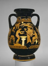 Apulisk rødfigur dekorert med en scene av en brud på toalettet hennes, Suckling Group, funnet ved Basilicata, ca. 375-350 f.Kr. (keramikk)