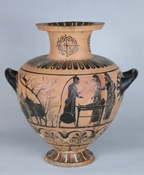 Arkaisk jonisk hydria som viser Hermes som later som han sover, fra Cerveteri, ca. 530 f.Kr. (keramikk)