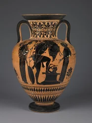 Atensk atisk svartfiguramfora med Herakles som bærer det erymantiske villsvinet, ca. 510 f.Kr. (terrakotta)