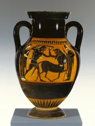 Atensk attisk svartfigur panel-amfora type B med Herakles som angriper kentauren, 530-20 f.Kr. (terrakotta)